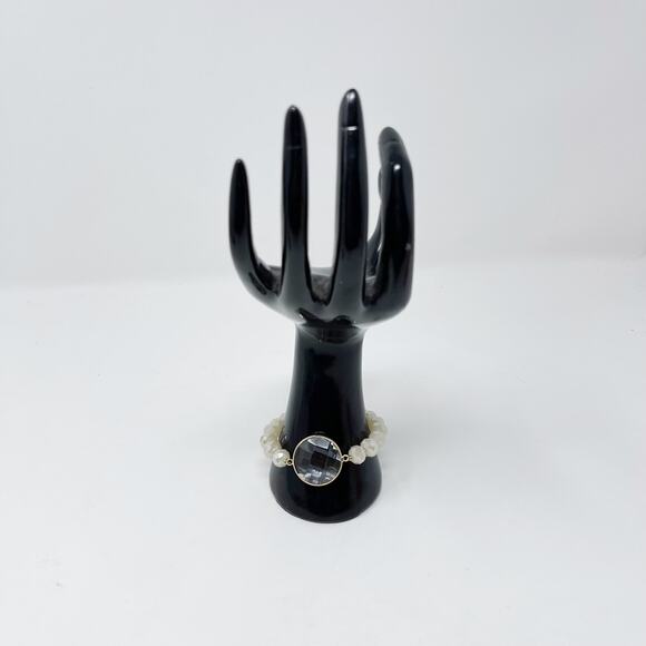 Cream Beaded Stretch Bracelet with Clear Gemstone Charm Fashion Statement - Picture 6 of 8